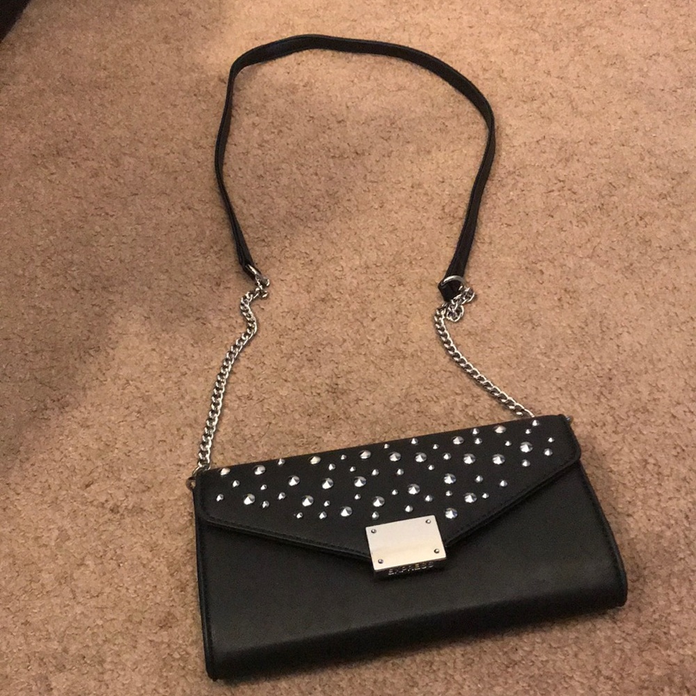 Faux Leather Black Studded Chain Strap Clutch